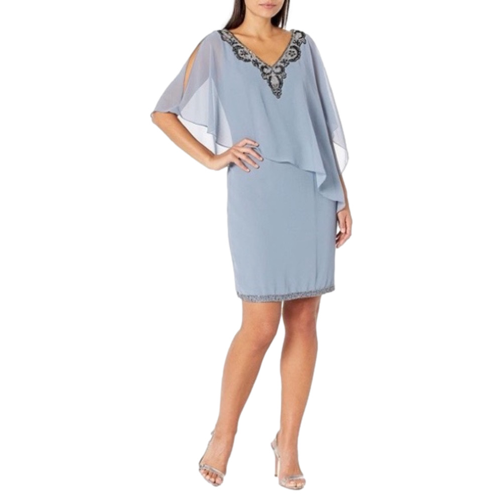 J Kara Women's V Neck Capelet Short Cocktail Floral Beaded Dress, size 20